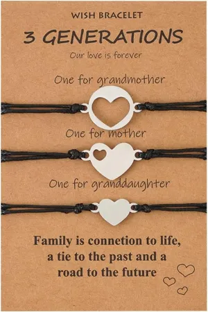 YALLNASL 3 Generation Matching Bracelet Set for Grandma, Mom, Daughter - Red Star & Heart Bracelets - Adjustable Size (6.3 - 10 inches) - Perfect for Occasions