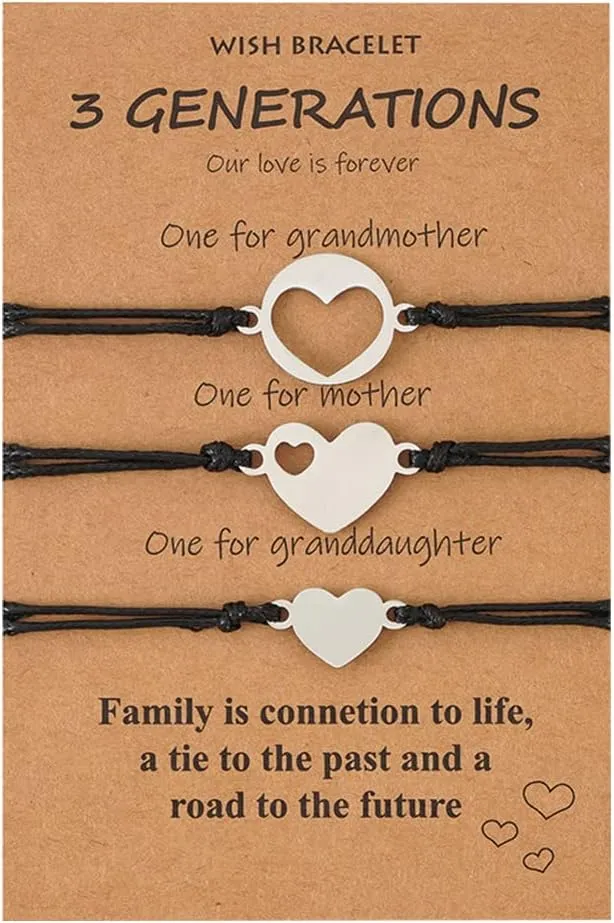 YALLNASL 3 Generation Matching Bracelet Set for Grandma, Mom, Daughter - Red Star & Heart Bracelets - Adjustable Size (6.3 - 10 inches) - Perfect for Occasions