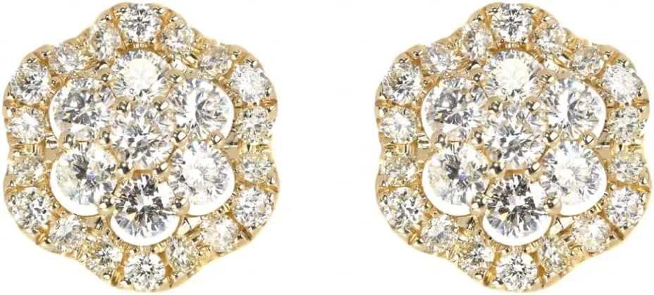 Yellow Gold Plated 925 Sterling Silver Flower Cluster Honey Comb Set Hip Hop Iced 5A Cz Lab Simulated Hypoallergenic Trendy Round Stud Screw Back Circle Earrings