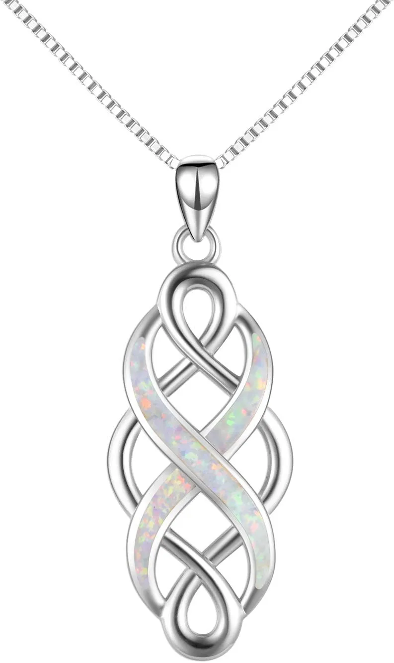 YFN Irish Celtic Knot Created Opal Pendant Necklace Sterling Silver Black Necklaces for Women Men 18"