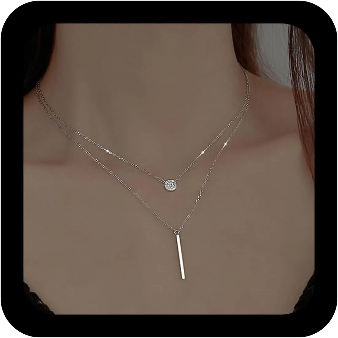 YienDoo Boho Layered Bar Necklace Silver Stick Bar Pendent Necklaces Crystal Disc Choker Necklace Rhinestone Dot Coin Necklace Jewelry for Women