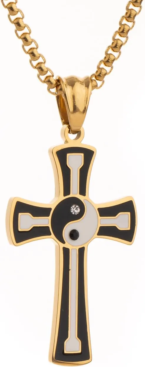 Yin Yang Necklace for Men Women Stainless Steel Cross Pendant Necklaces,Chinese Tai Chi Rhinestones Christian Cross