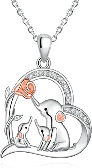 YLT 925 Sterling Silver Elephant/Giraffe Necklace Heart Rose Necklaces 3 Elephants Family for Mom Daughter Jewelry
