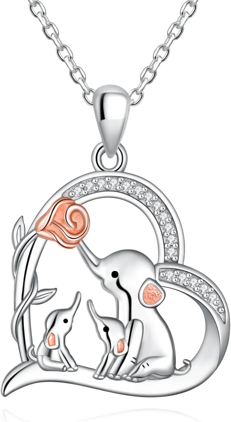 YLT 925 Sterling Silver Elephant/Giraffe Necklace Heart Rose Necklaces 3 Elephants Family for Mom Daughter Jewelry