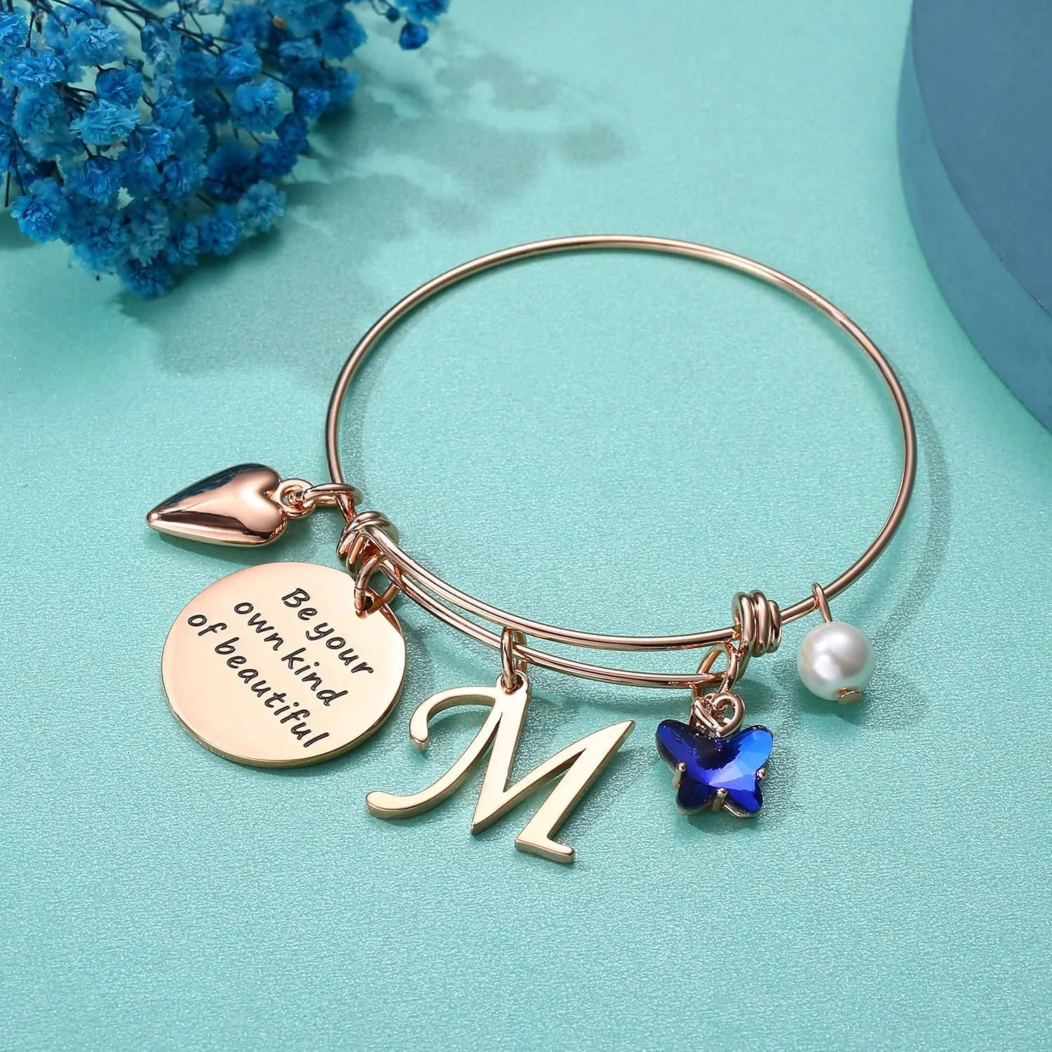 Yoosteel Butterfly Initial Bracelets for Teen Girls Women Gifts - Initial Charm Be Your Own Kind of Beautiful Inspirational Expandable Bangle Bracelets Gifts for Girls Women Jewelry Gifts