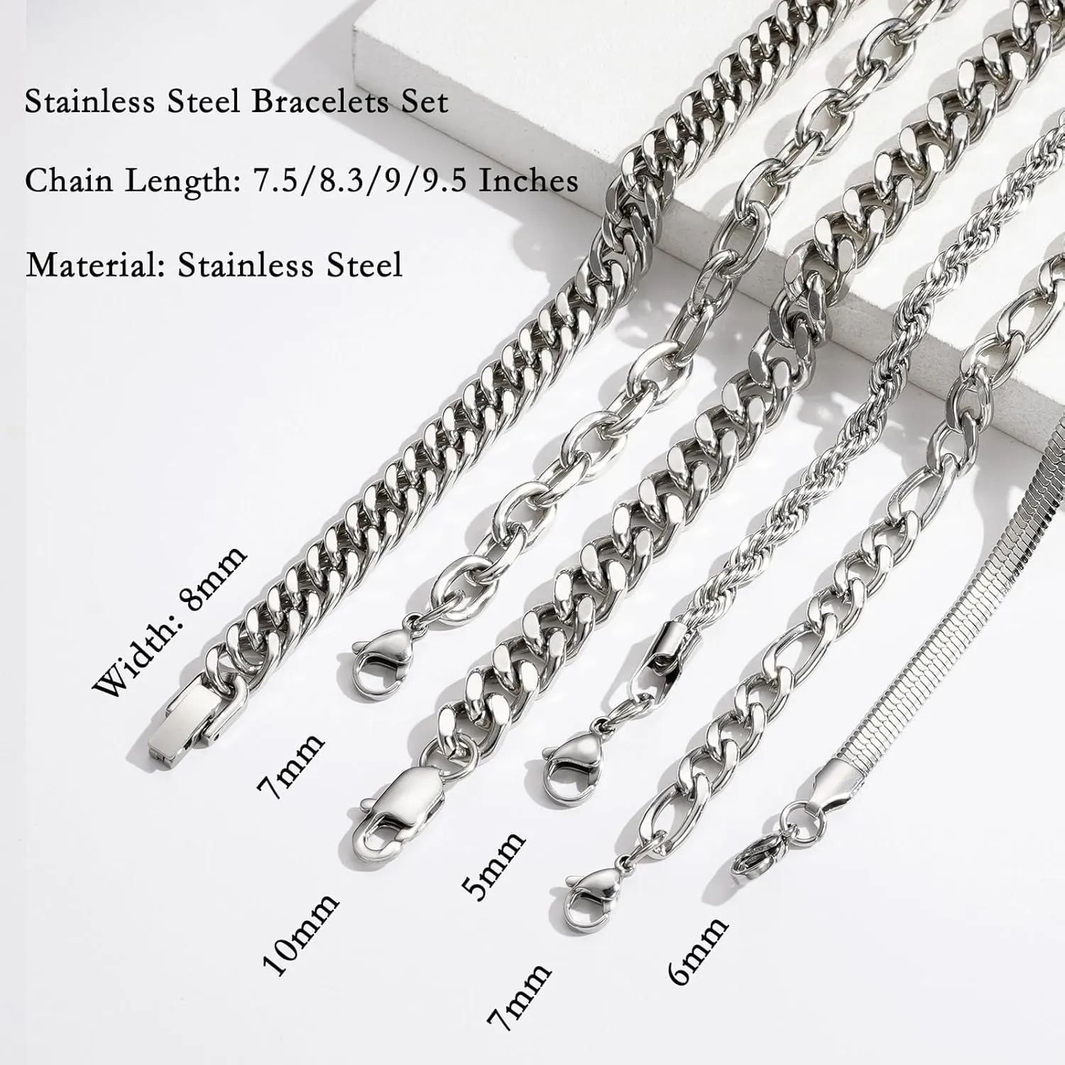 Zocomi 6 Pcs Chain Bracelet for Men Women - Stainless Steel Cuban Curb Link Rope Paperclip Figaro Herringbone Chain Bracelets Set Jewelry Gifts for Man Woman Boys 6.5/7/7.5/8.3/9/9.5 Inches