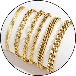 Zocomi 6 Pcs Chain Bracelet for Men Women - Stainless Steel Cuban Curb Link Rope Paperclip Figaro Herringbone Chain Bracelets Set Jewelry Gifts for Man Woman Boys 6.5/7/7.5/8.3/9/9.5 Inches