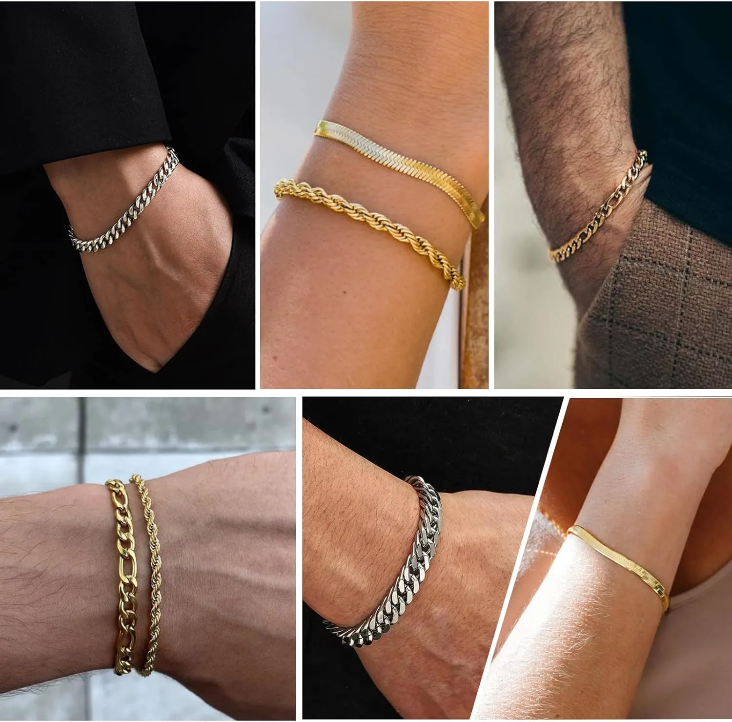 Zocomi 6 Pcs Chain Bracelet for Men Women - Stainless Steel Cuban Curb Link Rope Paperclip Figaro Herringbone Chain Bracelets Set Jewelry Gifts for Man Woman Boys 6.5/7/7.5/8.3/9/9.5 Inches