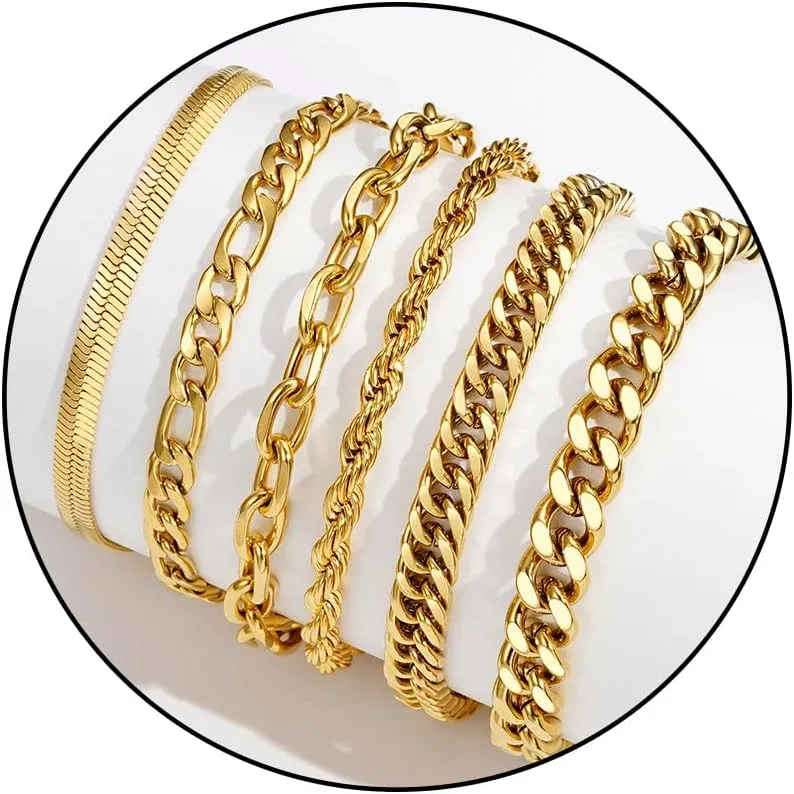 Zocomi 6 Pcs Chain Bracelet for Men Women - Stainless Steel Cuban Curb Link Rope Paperclip Figaro Herringbone Chain Bracelets Set Jewelry Gifts for Man Woman Boys 6.5/7/7.5/8.3/9/9.5 Inches